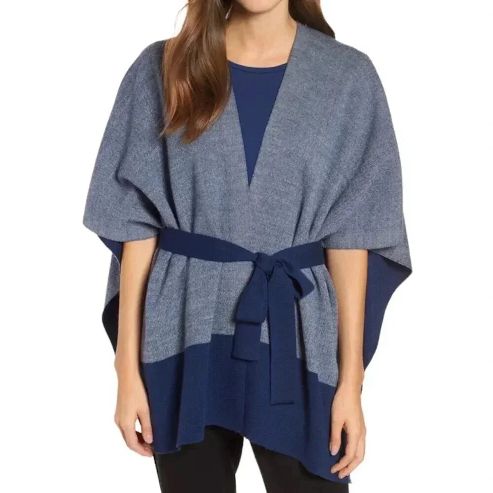 Eileen Fisher Navy Merino Wool Poncho Sweater With Sash XXS/XS